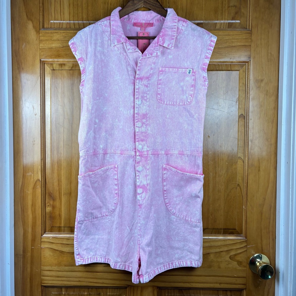 Simply Southern Pink Acid Wash Denim Romper Snap Front Medium NEW Festival Boho